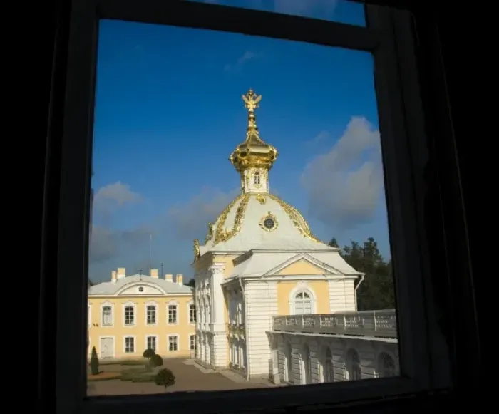 Framed Print : Russia, St. Petersburg. View through window of Peterhof, royal palace founded by Framed Print : Russia, St. Petersburg. View through window of Peterhof, royal palace founded by