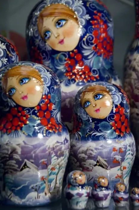 Framed Print : Russia, Volga-Baltic Waterway, Goritzy. Russian souvenir matryoshka dolls
