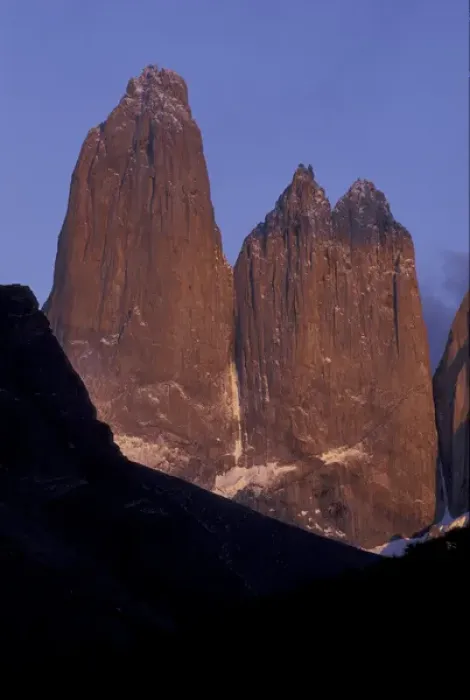 Framed Print : SA, Chile, Torres del Paine National Park. Morning light on Torre Sur and Torre Central