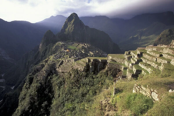 SA, Peru, Machu Picchu Ruins showing recent reconstruction