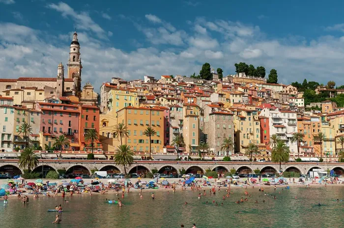 Framed Print : Sablettes beach, Saint Michel Church and the old town of Menton, Provence Alpes Cote d'Azur, France