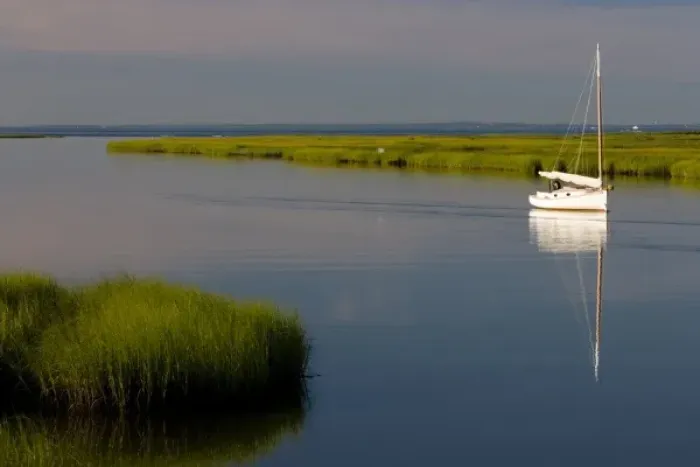 Framed Print : Sailboat at anchor between Great Island and the shoreline in Old Lyme in the Connecticut River