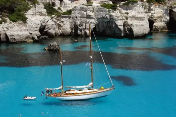 Framed Print : Sailboat. Balearic Islands. Menorca Island. Cala Macarella. Landscape coast. South island Framed Print : Sailboat. Balearic Islands. Menorca Island. Cala Macarella. Landscape coast. South island