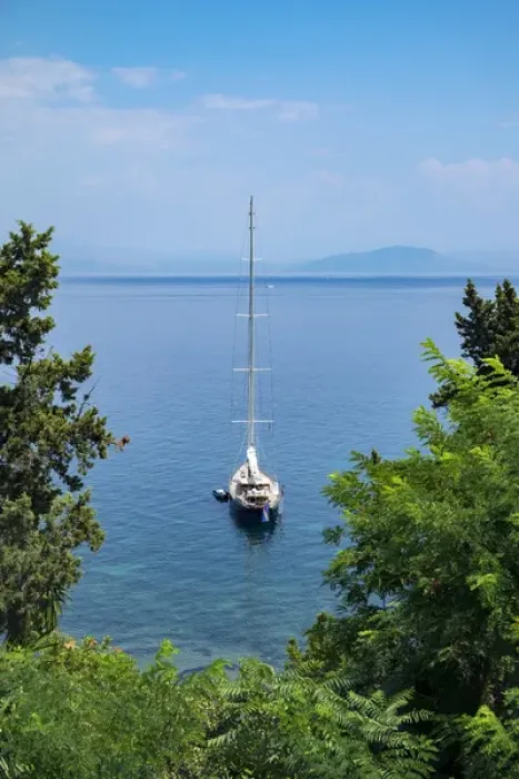 Framed Print : Sailboat moored in Ionian Sea, Corfu, Greece, Europe Framed Print : Sailboat moored in Ionian Sea, Corfu, Greece, Europe
