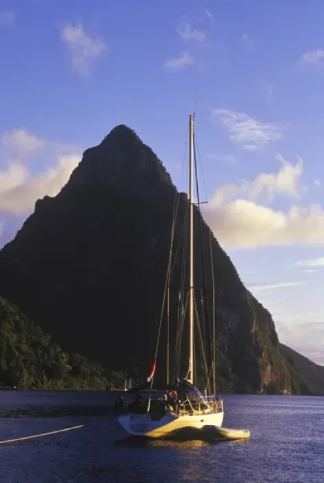 Framed Print : Sailboat in front of Petit Piton, Souffriere, St Lucia, Caribbean Framed Print : Sailboat in front of Petit Piton, Souffriere, St Lucia, Caribbean