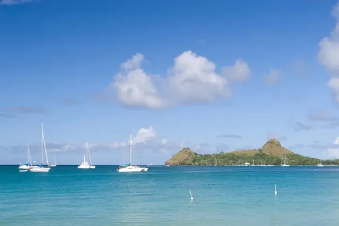 Framed Print : Sailboats anchored off of Reduit beach on the island of St. Lucia in the southern Framed Print : Sailboats anchored off of Reduit beach on the island of St. Lucia in the southern
