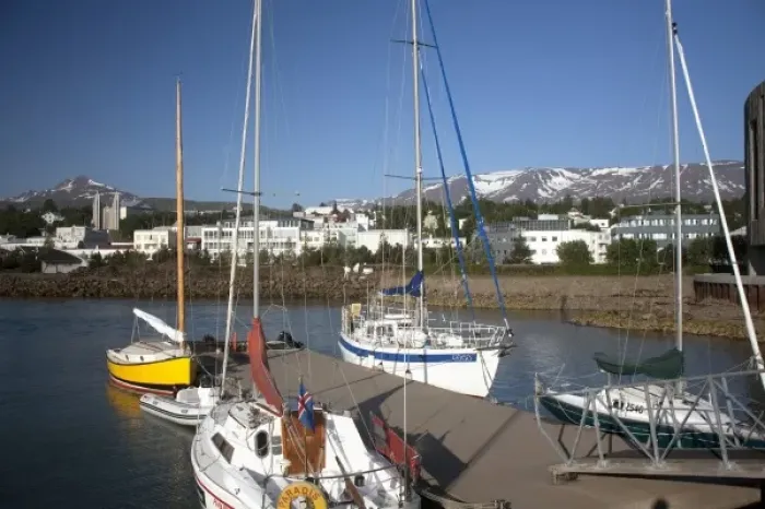 Framed Print : Sailboats docked at Akureyri in North Iceland