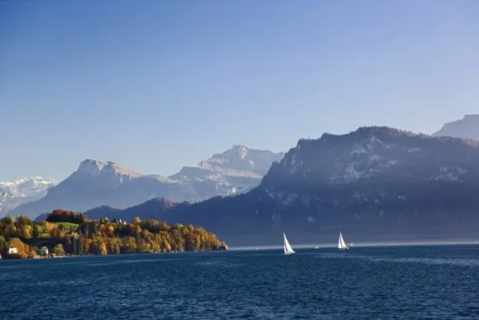 Framed Print : Sailboats on Lake Lucerne and autumn colors, Lucerne, Switzerland
