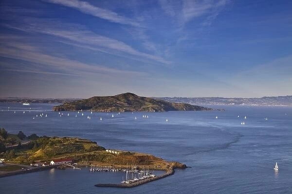Sailboats in San Francisco Bay and Angel Island in San Francisco, California, USA