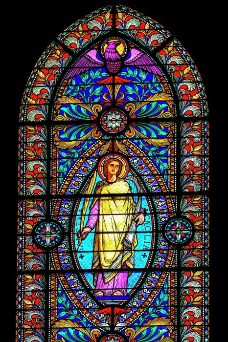 Framed Print : Saint Cecilia colorful stained glass, Basilica of Notre Dame de Fourviere, Lyon, France. Built from 1872 to 1896. Dedicated to Virgin Mary. Cecilia is Roman martyr killed in 230 AD and patron saint of music. (Editorial Use Only)