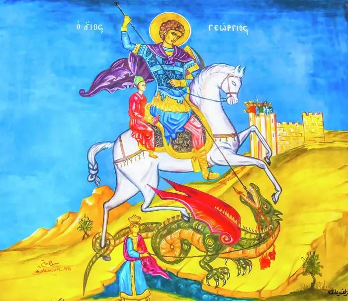 Framed Print : Saint George dragon fresco St. George's Greek Orthodox Church, Madaba, Jordan. Church was created in the late 1800's. (Editorial Use Only) Framed Print : Saint George dragon fresco St. George's Greek Orthodox Church, Madaba, Jordan. Church was created in the late 1800's. (Editorial Use Only)