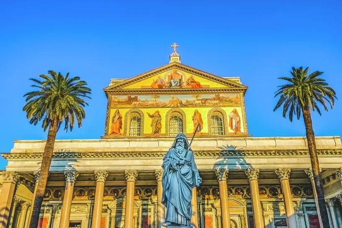 Framed Print : Saint Paul statue facade, Papal Basilica of Saint Paul, Rome, Italy. One of 4 Papal basilicas, established over Saint Paul's burial place in 324 by Emperor Constantine Framed Print : Saint Paul statue facade, Papal Basilica of Saint Paul, Rome, Italy. One of 4 Papal basilicas, established over Saint Paul's burial place in 324 by Emperor Constantine