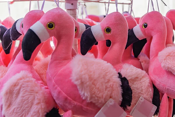 Saintes-Maries-de-la-Mer, Bouches-du-Rhone, Provence-Alpes-Cote d'Azur, France. Pink flamingo plushies for sale in the Camargue
