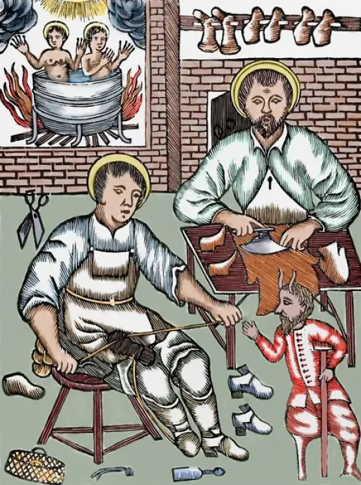 Framed Print : Two Saints make shoes being tempted by the devil. Colored woodcut