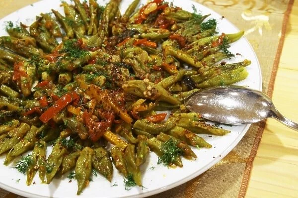 Salad with okra beans, red bell pepper and spices, marinated. Efendi Efendy traditional Turkish