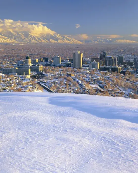 Framed Print : SALT LAKE CITY, UTAH. USA. Deep snow above the Salt Lake Valley. Wasatch Mountains