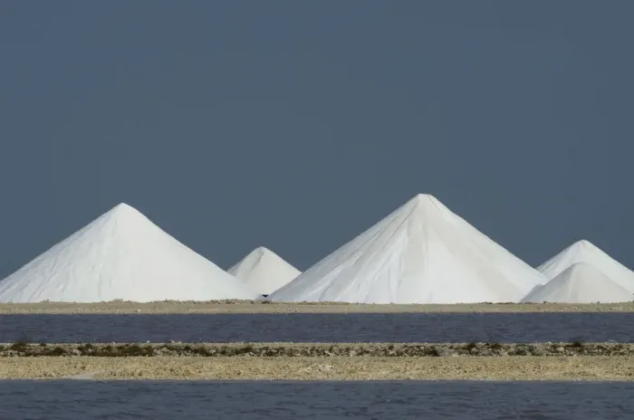 Framed Print : Salt mounds and Evaporation Ponds. Sea Salt Production Plant started in the 1600 s