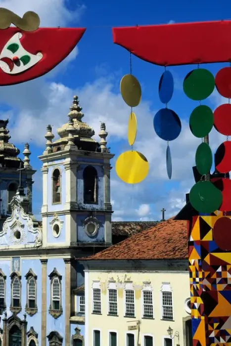 Framed Print : Salvador, Bahia State, Brazil; colonial buildings in Pelourinho with carnival decorations Framed Print : Salvador, Bahia State, Brazil; colonial buildings in Pelourinho with carnival decorations