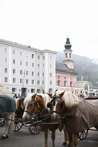 Salzburg, Salzburg, Austria - Horses and horse-drawn carriages in an old world setting