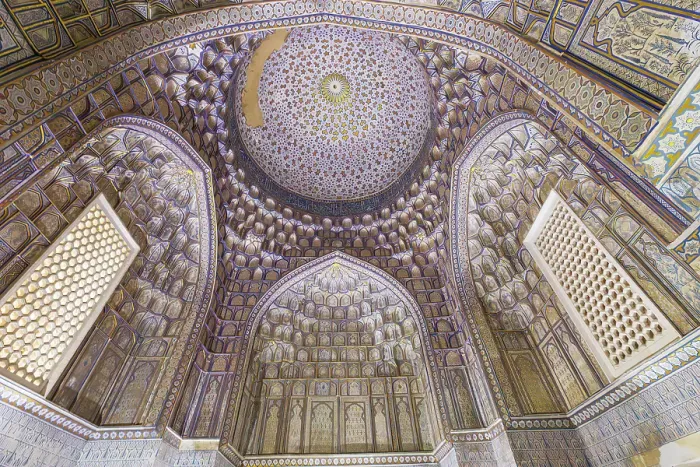 Framed Print : Samarkand, Samarqand, Uzbekistan, Central Asia. August 27, 2021. Interior dome of a mausoleum at the Shah-i-Zinda in Samarkand. Editorial Use Only