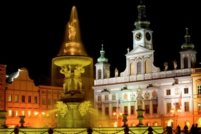 Framed Print : Samson fountain and Town Hall, Czech Republic, Ceske Budejovice
