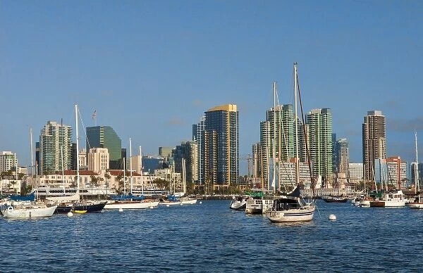 San Diego Bay, California. Fleet of sailboats and skyline of San Diego