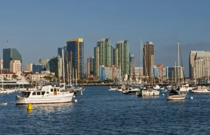 Framed Print : San Diego Bay, California. Fleet of sailboats and skyline of San Diego Framed Print : San Diego Bay, California. Fleet of sailboats and skyline of San Diego
