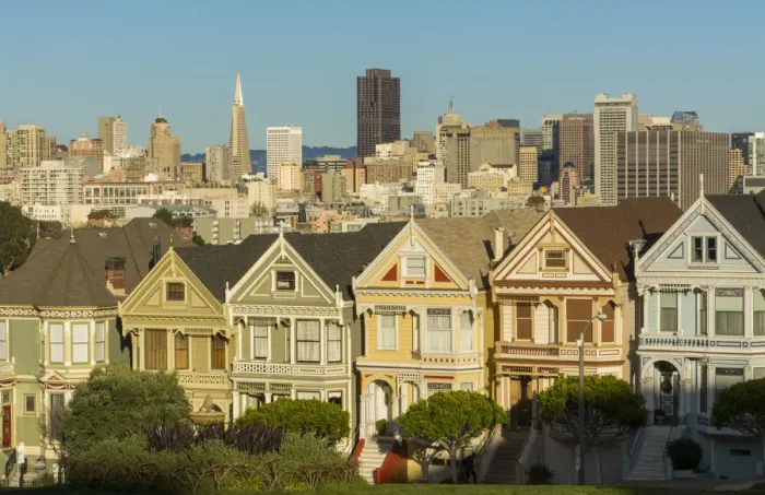 Framed Print : San Francisco California Painted Ladies Victorian homes and city in background Framed Print : San Francisco California Painted Ladies Victorian homes and city in background
