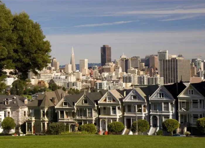 Framed Print : San Francisco famous Victorian Houses called The 5 Sisters with skyline
