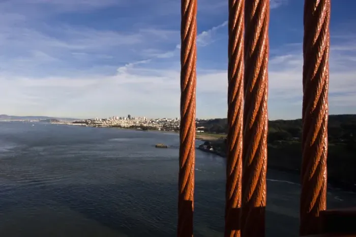 Framed Print : San Francisco as seen through the cables of the Golden Gate Bridge