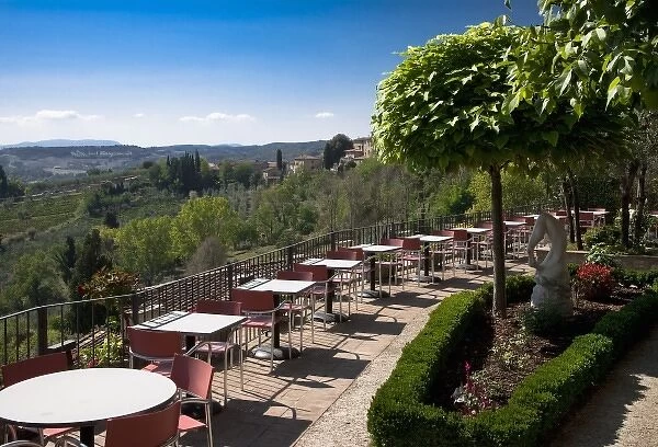 San Gimignano, Tuscany, Italy - High angle view of an outdoor dining terrace overlooking