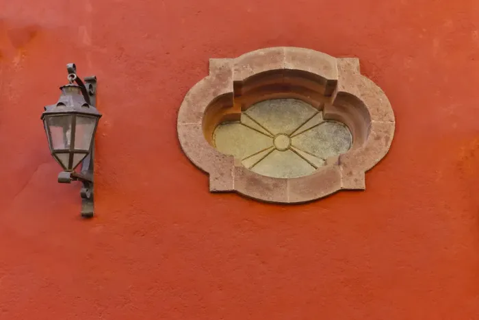 Framed Print : San Miguel De Allende, Mexico. Lantern and shadow on colorful buildings