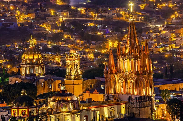 San Miguel de Allende, Mexico, Miramar Overlook Night Parroquia Archangel Church Close Up