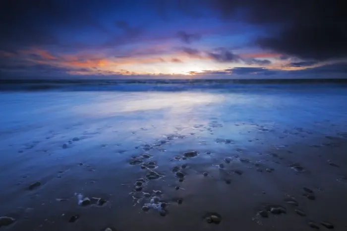 Framed Print : Sand and surf at dusk, San Buenaventura State Beach, Ventura, California USA