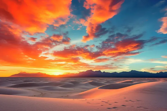 Framed Print : Sandy desert at sunset or sunrise with footprints. (AI Generated) Framed Print : Sandy desert at sunset or sunrise with footprints. (AI Generated)