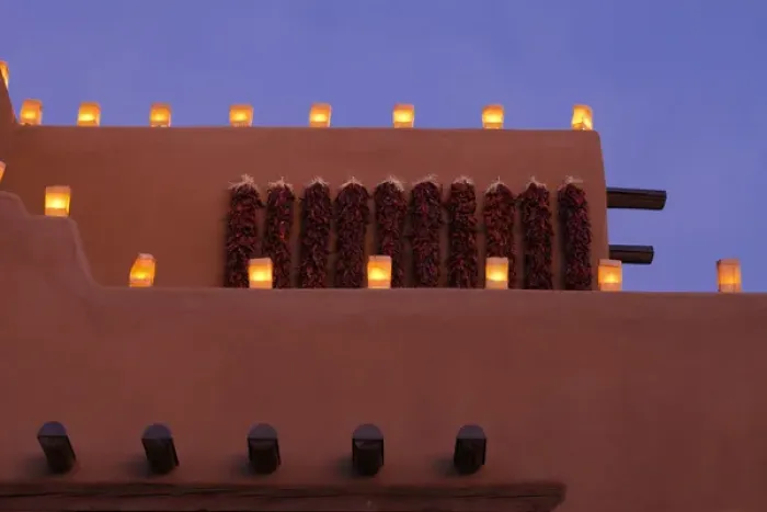 Framed Print : Santa Fe, New Mexico, United States. Tradional farolitos light up adobe structures