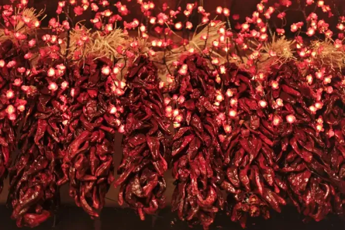 Framed Print : Santa Fe, New Mexico, United States. Chili ristras with holiday lights