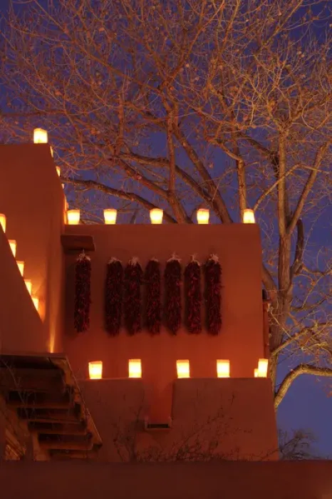 Framed Print : Santa Fe, New Mexico, United States. Tradional farolitos light up adobe structures Framed Print : Santa Fe, New Mexico, United States. Tradional farolitos light up adobe structures