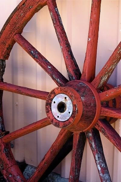 Santa Fe, New Mexico, USA. Old western wagon wheel
