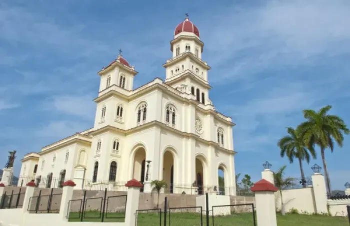 Framed Print : Santiago Cuba famous church called Basilica El Cabre with steeple and green grass