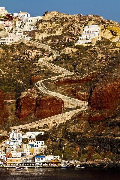 Santorini, Greece. Zig Zag stair pathway leading to a village by the sea on the Island