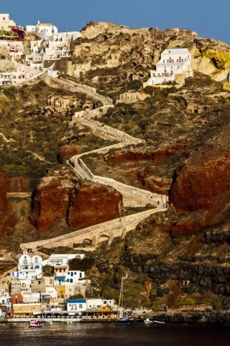 Framed Print : Santorini, Greece. Zig Zag stair pathway leading to a village by the sea on the Island Framed Print : Santorini, Greece. Zig Zag stair pathway leading to a village by the sea on the Island