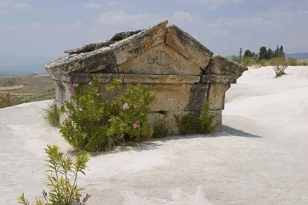 Sarcophagus embedded in white travertine rocks of Pamukkale (ancient Hierapolis), Turkey
