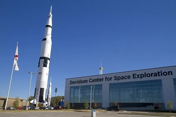 Saturn V mock-up stands outside the Davidson Center for Space Exploration building at the U