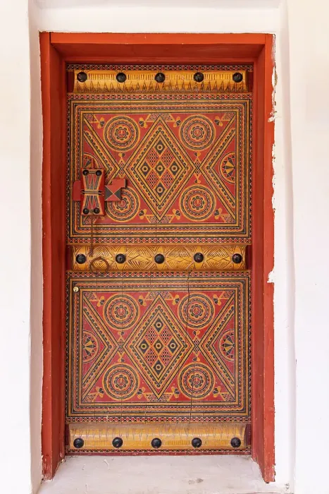 Framed Print : Saudi Arabia, Al-Qassim, Unaizah. Colorfully painted door. (Editorial Use Only)