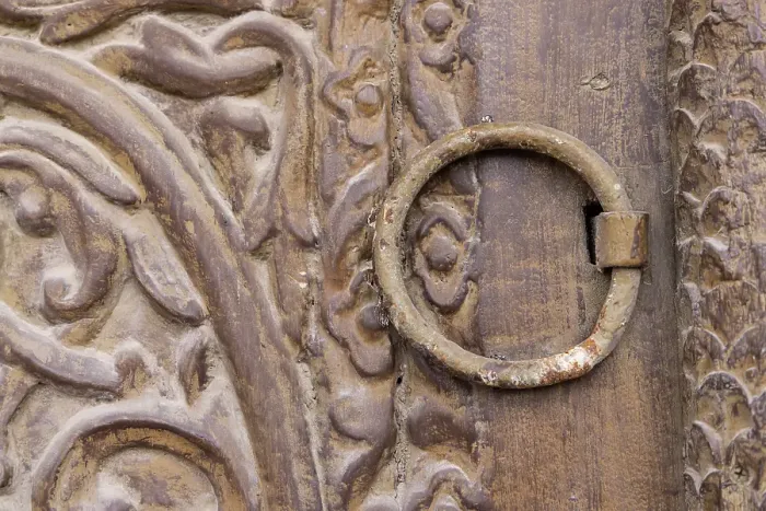 Framed Print : Saudi Arabia, Mecca, Jeddah, Al-Balad. Metal pull on a carved wooden door in the Al-Balad historical district Framed Print : Saudi Arabia, Mecca, Jeddah, Al-Balad. Metal pull on a carved wooden door in the Al-Balad historical district