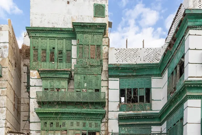Framed Print : Saudi Arabia, Mecca, Jeddah, Al-Balad. Traditional Hijazi tower house with wooden Roshan windows and balconies Framed Print : Saudi Arabia, Mecca, Jeddah, Al-Balad. Traditional Hijazi tower house with wooden Roshan windows and balconies