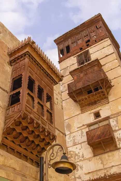 Framed Print : Saudi Arabia, Mecca, Jeddah, Al-Balad. Traditional Hijazi tower house with wooden Roshan windows and balconies Framed Print : Saudi Arabia, Mecca, Jeddah, Al-Balad. Traditional Hijazi tower house with wooden Roshan windows and balconies