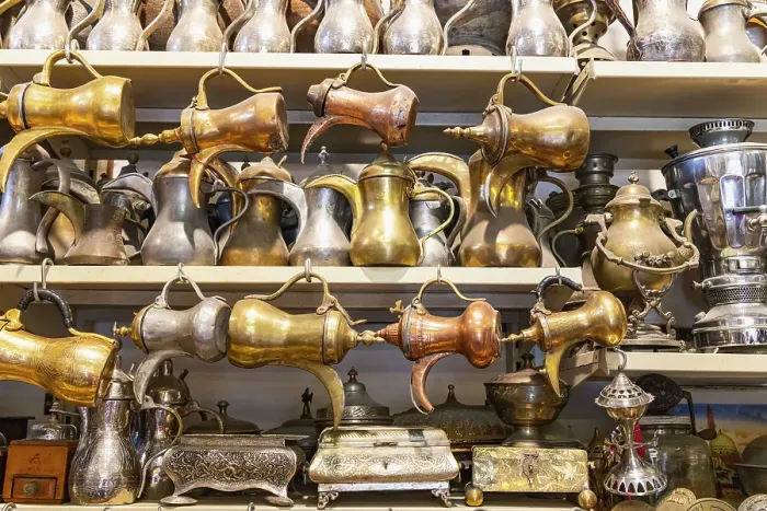 Framed Print : Saudi Arabia, Mecca Province, Jeddah. Antique brass, copper, and tin coffee pots in the Al-Balad district. (Editorial Use Only) Framed Print : Saudi Arabia, Mecca Province, Jeddah. Antique brass, copper, and tin coffee pots in the Al-Balad district. (Editorial Use Only)