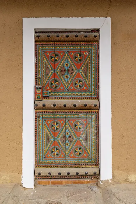 Framed Print : Saudi Arabia, Riyadh. Colorfully painted door in Najd Village. (Editorial Use Only) Framed Print : Saudi Arabia, Riyadh. Colorfully painted door in Najd Village. (Editorial Use Only)